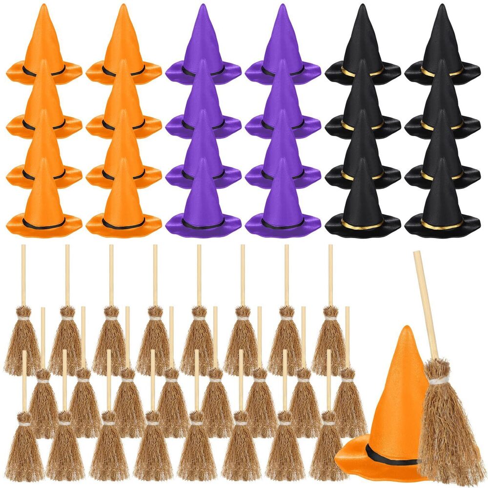 7641 48 Pcs Mini Witch Hats and Broom for Crafts Halloween Wizard